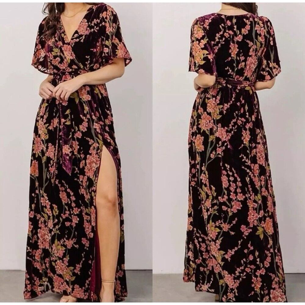 Baltic Born Uma Burgundy Floral Velvet Lined Belted Maxi Dress Sz L *small Flaw*